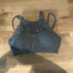 Lorna Jane Strappy Ribbed Grey Cropped Bralette with Front Cutout Detail